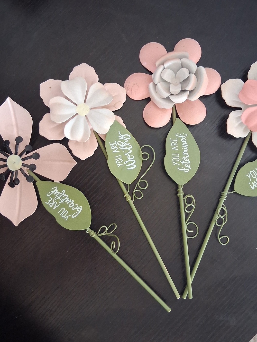 a new day Pink and White Metal Floral Garden Stakes with Green Leaves